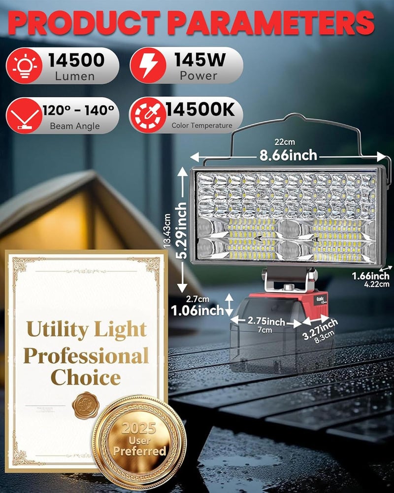 Ecarke LED Work Light Compatible with Milwaukee 18V Battery, 7'' 145W Cordless Work Lights 14500 Lumens of Brightness Battery Light with Low Voltage Protection & Type-C & USB-A Charger Port - Image 2